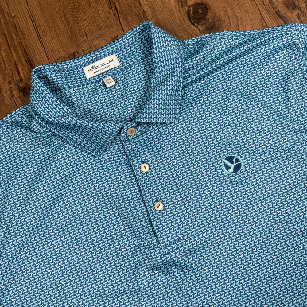 Peter Millar Summer Comfort Golf Polo Shirt Mens XXL Blue Dachshunds Performance